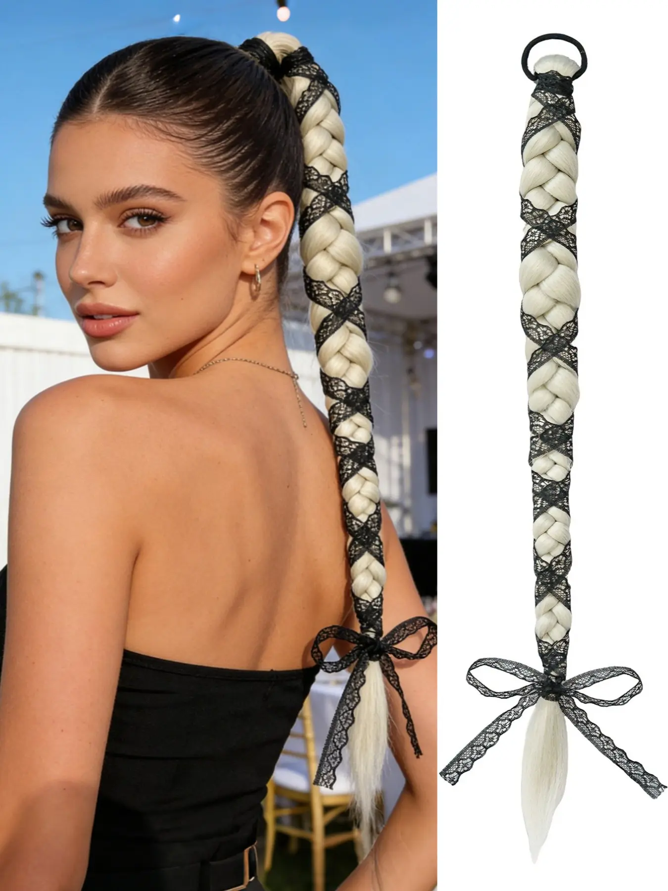 Lace Ribbon Braided Ponytail Extension, off Thick Braided Hairpiece, K-Pop Y2K Style, Halloween Cosplay, Easy Install