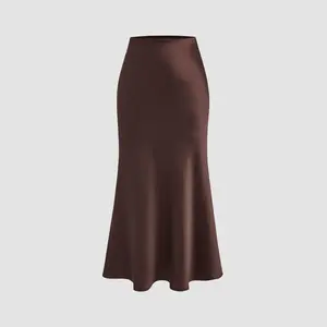 Cider Women's Satin Mid-Rise Solid Zipper Maxi Skirt