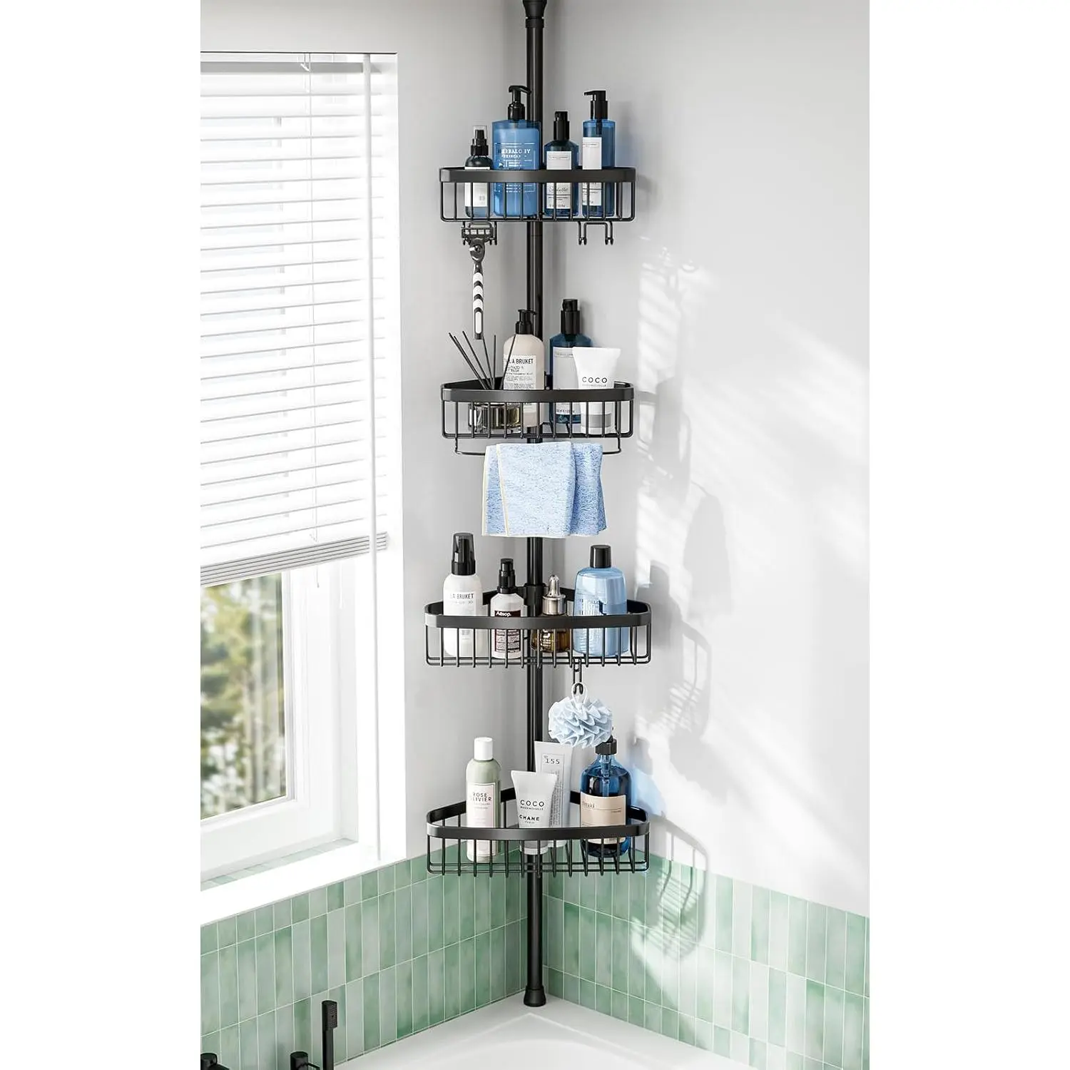 Corner Shower  Tension Pole: Adjustable Rustproof 4-Tier Inside Bathroom Organizer - -121 inch Quick Installation Bathtub Shelves for Shampoo Storage - Rod Floor Standing Bath Rack - Black