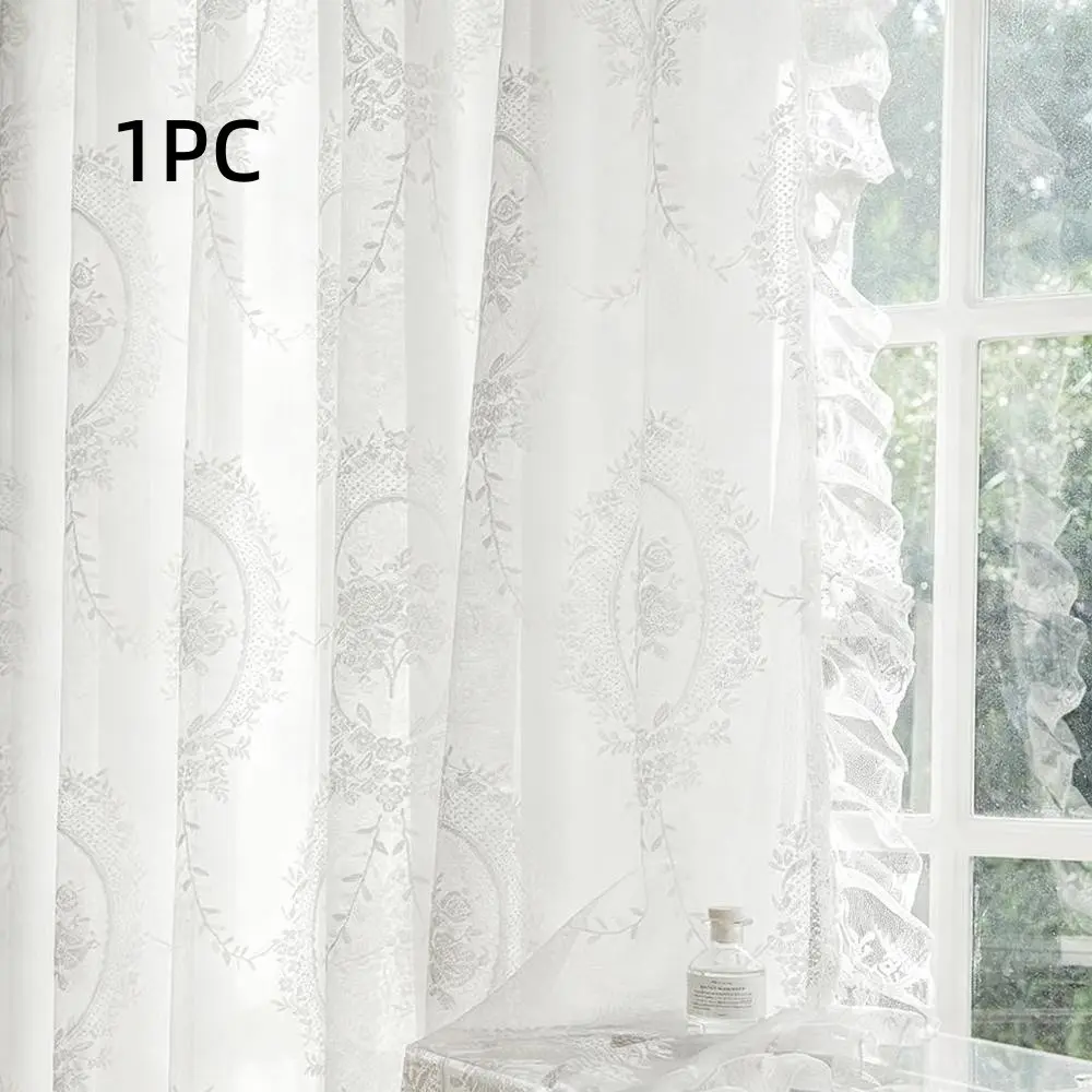 French Vintage Ruffled Lace Embroidered Curtain Sheer, Bedroom Balcony Living Room Drapes, Light-Filtering Privacy Protection