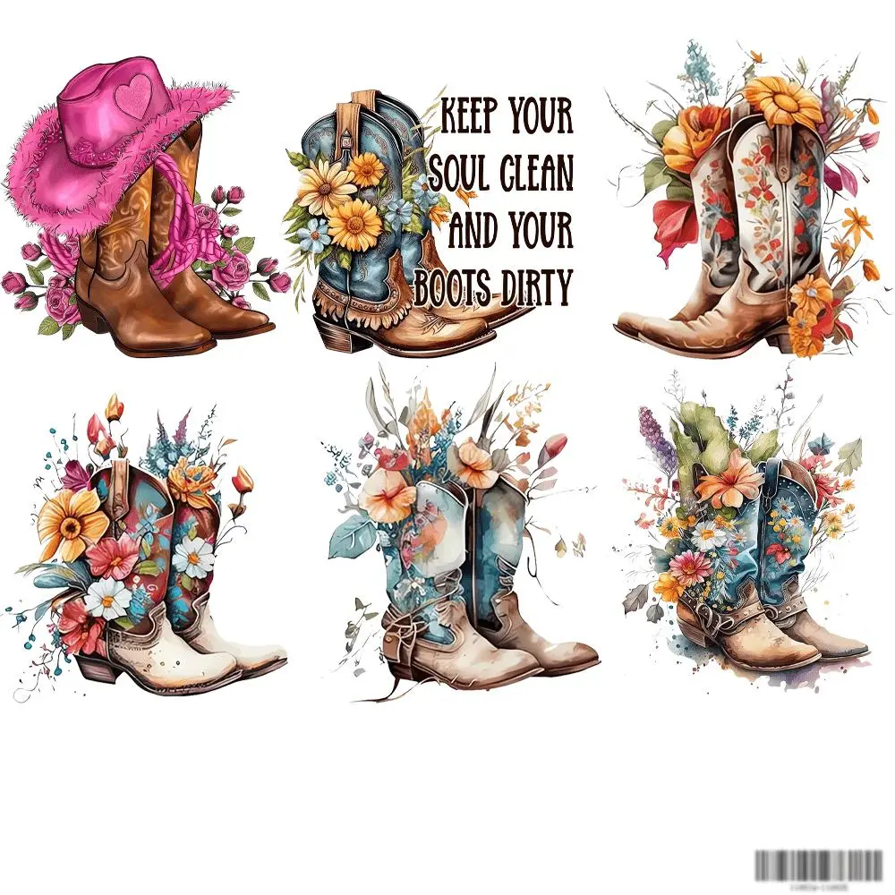 Cowboy Boots Pattern Iron on Transfer Sticker, 6 Counts/set DIY Craft Heat Transfer Sticker, Heat Press Sticker for Clothes, DIY Clothing Decoration, DIY Material, Craft Supplies, DIY Products