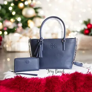 Pre-owned Tory Burch Leather Shoulder Bags Thea Small Convertible Tote Royal Navy.