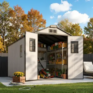 Ovios Resin Outdoor Storage Shed With Floor (8 x 8 Ft), Patio Storage Cabinet with Vents and 4 Windows Weather Resistant Grey Organization for Home/Backyard/Garden Tools/Lawn Mower/Bike Storage/Pool Supplies