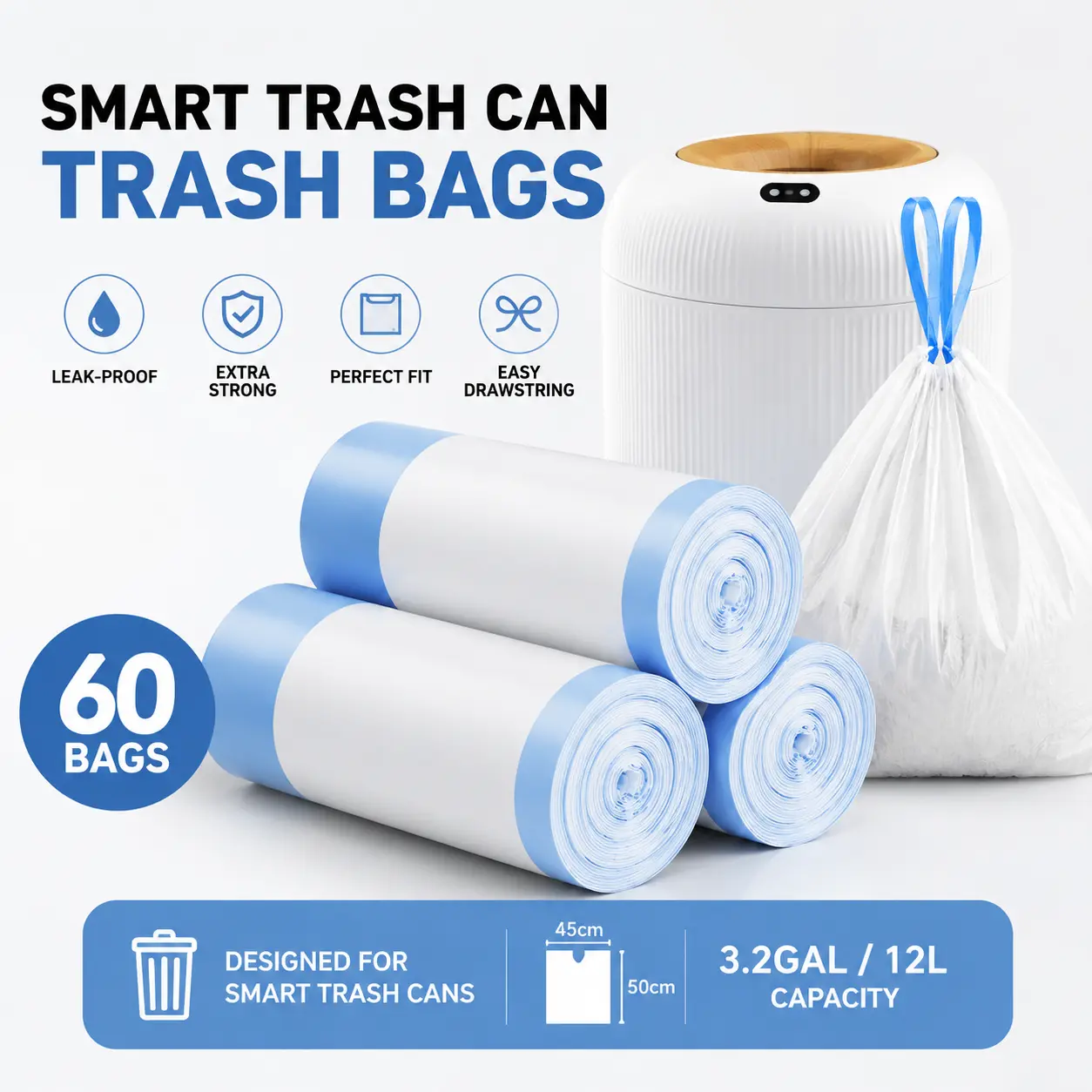 Heavy Duty Drawstring Trash Bags Pack, 60-Count 3.2 Gal (12L) Small Liners, 19.7x17.7in Leak-Proof Tear-Resistant Smart Trash Can Liners for Bathroom, Kitchen, Car Waste Bins