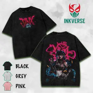 Jinx x Powder Arcane: League of Legends Washed T-shirt, Hoodie, Sweater Game Cotton,Graphic Tee, Cartoon Double Printed Vintage Washed Tee Cotton T-shirt Fabric Menswear Top Collar