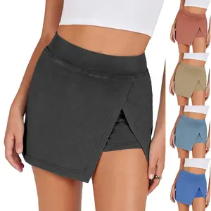 Kingapril Washed Mini Skorts for Women High Waist Split Hem Casual Fitted Athletic Bodycon Skort Mini Skirts with Shorts