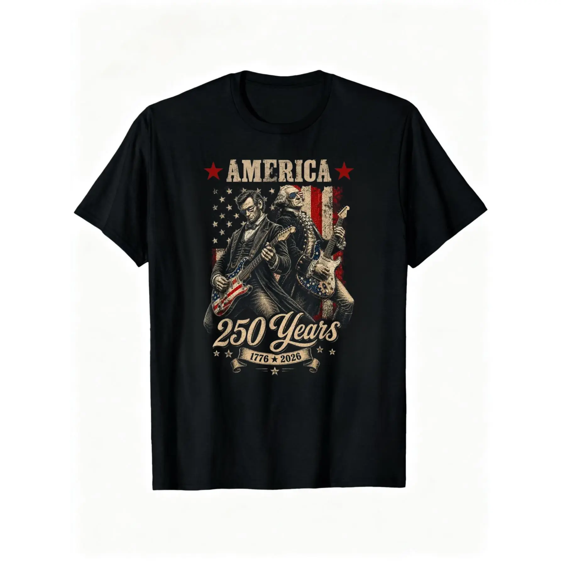 100% Cotton Vintage Washington Lincoln Playing Guitar 250 Years America T-Shirt