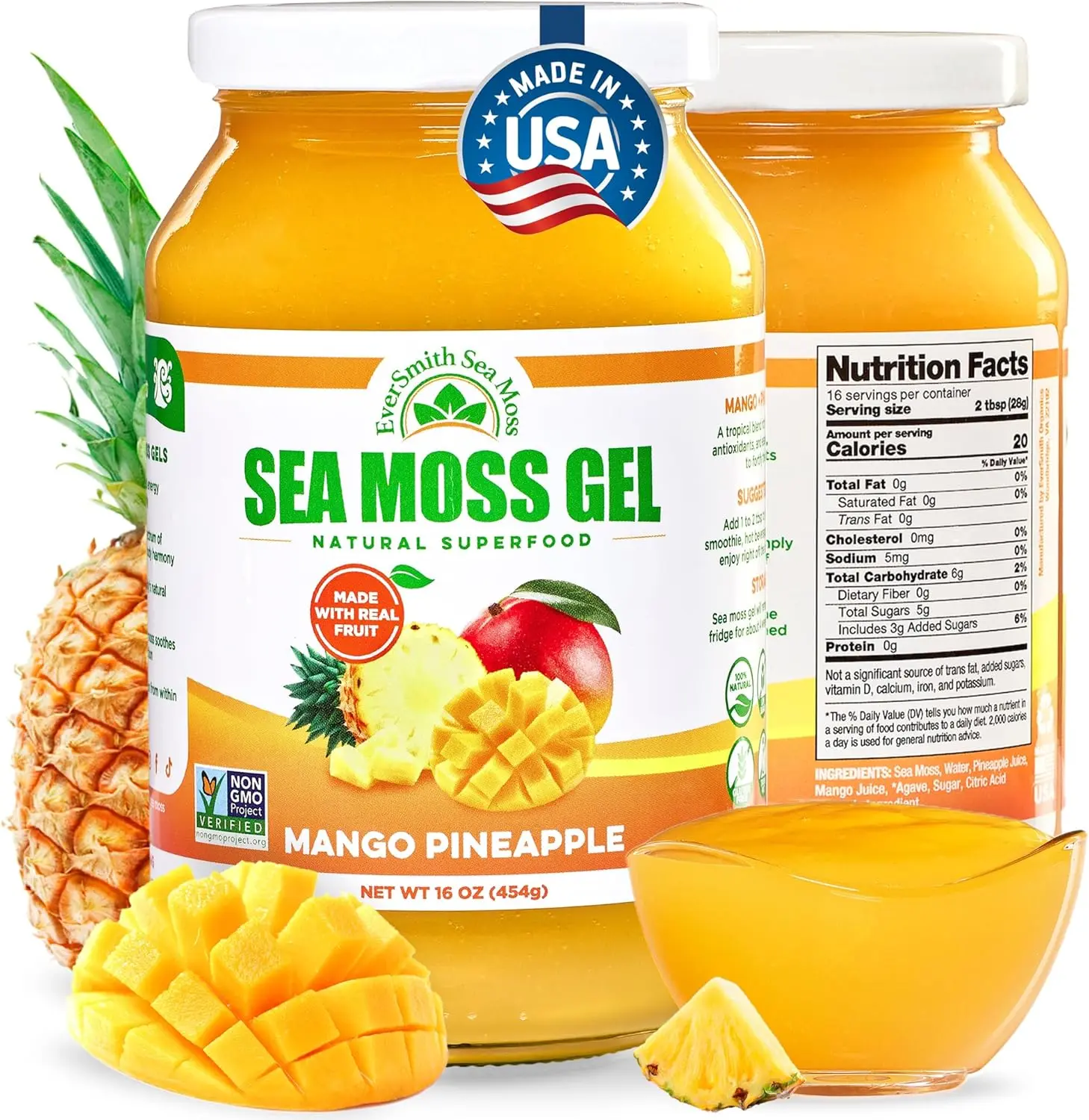 EverSmith Organics - Wildcrafted Irish Sea Moss Gel | Made in USA | Rich in Nutrients | Sea Moss Gel Raw | Jarred Vegetables & Fruits | Mango Pineapple (1 Jar)