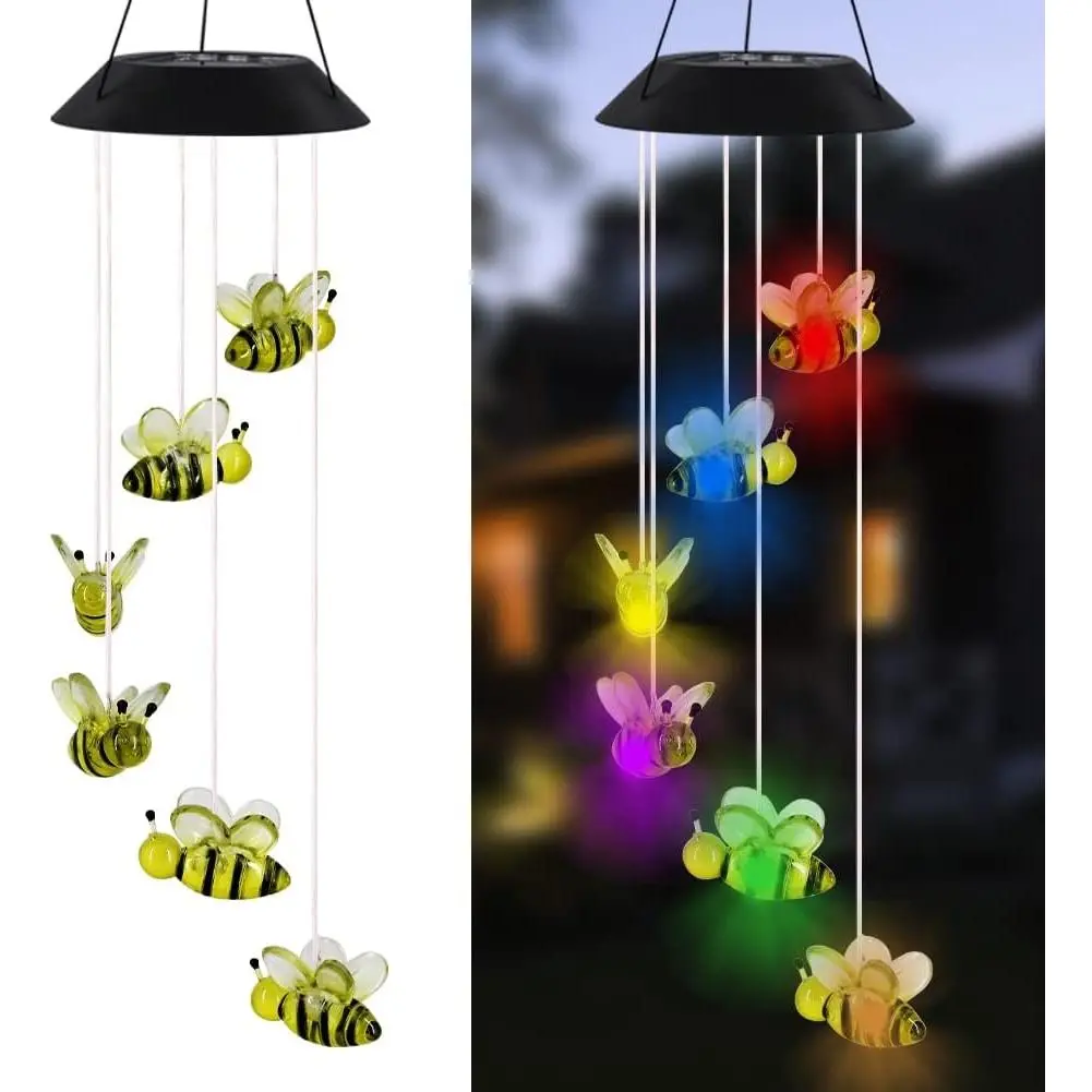 LED Solar Bee Wind Chime, 25" Mobile Hanging Wind Chime for Home Garden Decoration, Automatic Light Changing Color(Honeybee)