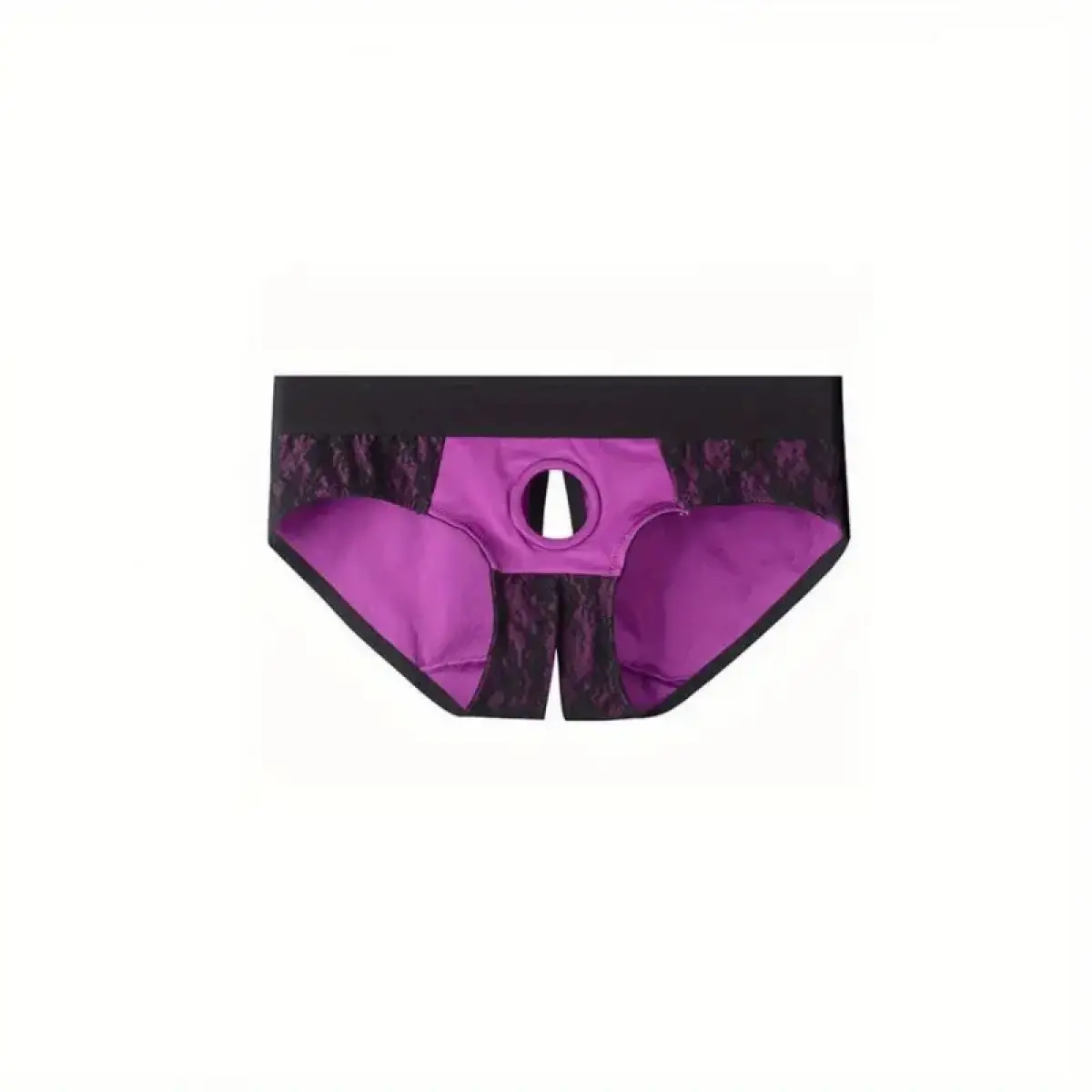 1pc Men's Soft Lace Patchwork Boxer Briefs - Comfortable & Erotic Open Front Crotchless Underwear, Purple & Black with Eyelet Detail
