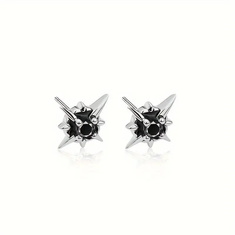 Men's Stainless Steel Hexagonal Star Center Earrings - Single Pair, Synthetic Zircon, Hip-Hop Look, Unisex Wear Costume Jewelry (Silver), All Seasons, Men’s Earrings, Zircon Accents casual men