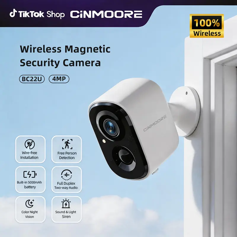 【Big Sales】CINMOORE Wireless Smart Security Camera Indoor/Outdoor/Garage Camera, 2.5K QHD, Rechargeable Magnetic Installation, Color Night Vision, Free Local AI Motion/Person Detection Spotlight & Siren, 2-Way Audio Speaker, cameras for home, Connection,