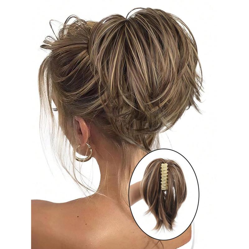 10 Inch Messy Bun Hair Piece,Straight Fake Chignon,Claw Clip In Short Ponytail Extension,Heat Resistant Synthetic Ponytail Extensions For Women,Party Daily Use