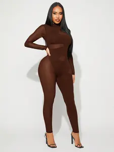 Radiana Women's Mesh Cutout Jumpsuit Long Sleeve Stand-Collar Unitard Semi-Sheer Patchwork Club Concert Outfit Rose Red Coffee Brown - Bag