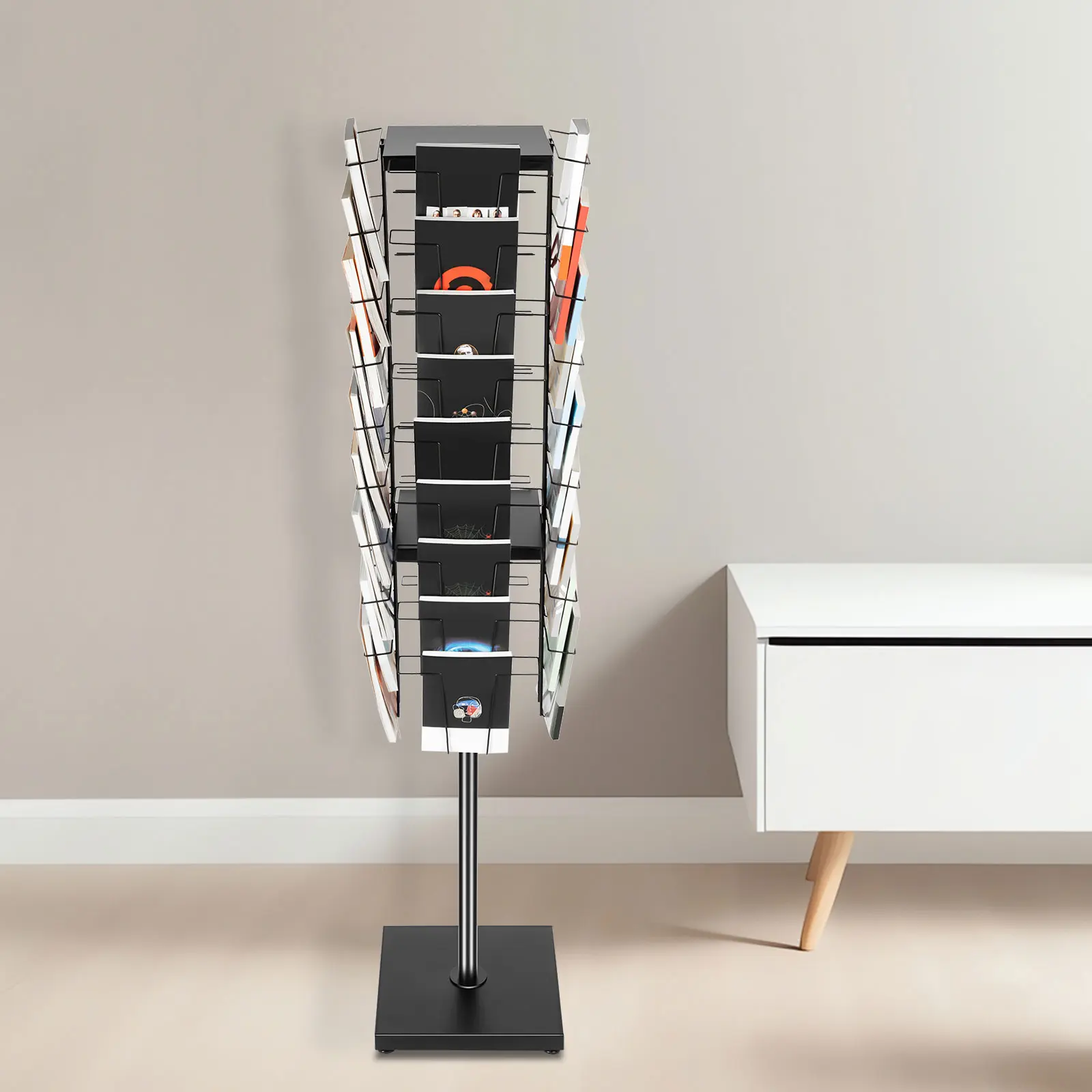Modern 36-Panel Rotating Floor Brochure Rack with Iron Frame, Sturdy Base, Rotates Panels - Single Unit Indoor Furniture Organizer for Bookstore, Coffee Shop