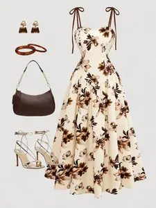 Women's Floral Print A-Line Skirt, Tie-Bow Thin Straps, Elegant for Summer Vacation and Daily Wear, Stylish and Comfortable Dress