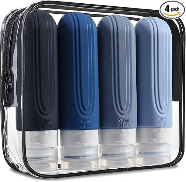 Travel Bottles for Toiletries - Tsa Approved 3oz Containers BPA Free, Leak Proof Refillable Silicone Squeezable Travel Accessories (4 Pack) Makeup Cosmetic