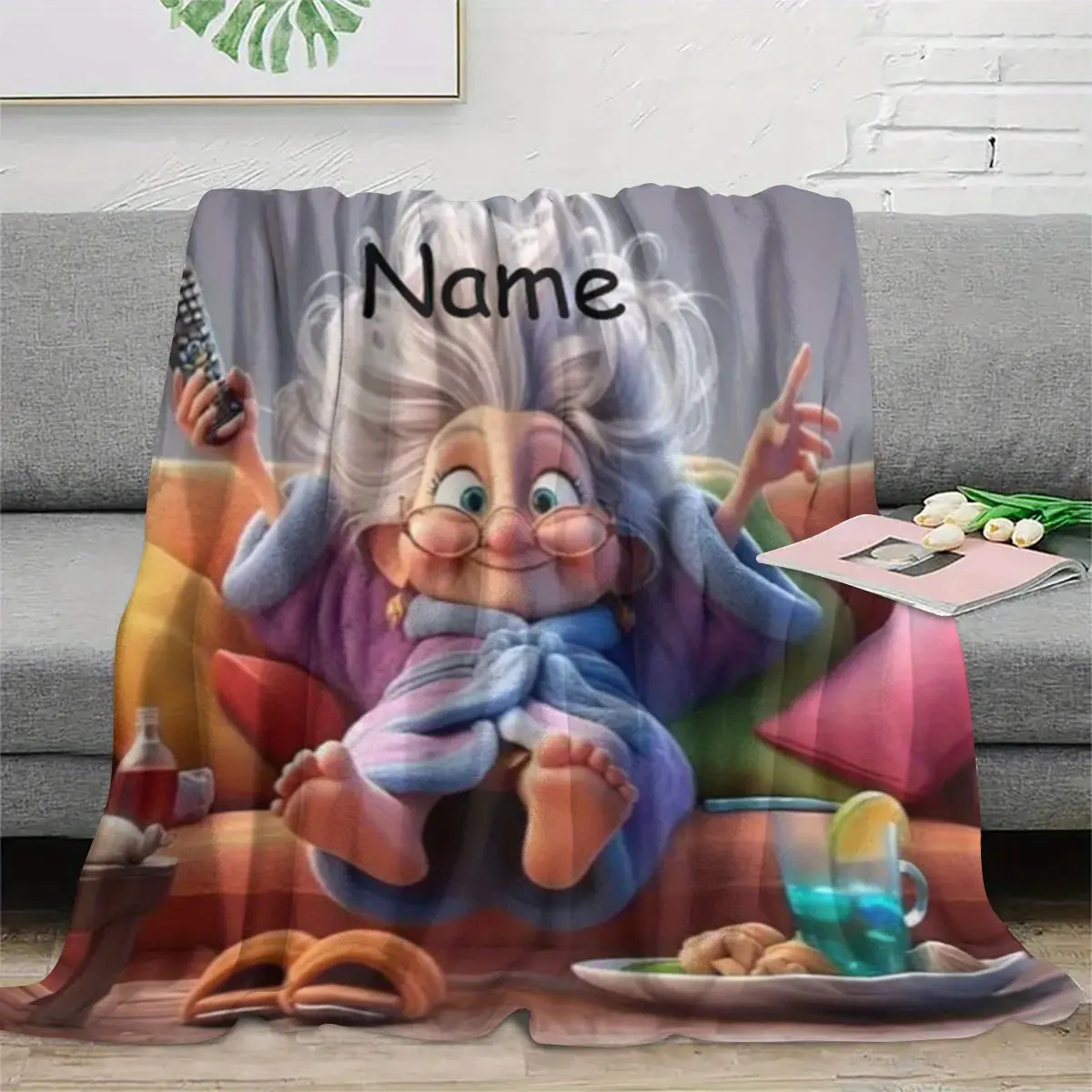 Personalized Elderly Grandma Blanket - Custom Name/Text, Soft Flannel Bedspread/Throw - All-Season Couch, Camping, Bed, Travel - Machine Washable - Keepsake With Floral Design & Warm Tones - Ideal For Grandmothers, Sofa Cover - Birthday/Christmas Gi