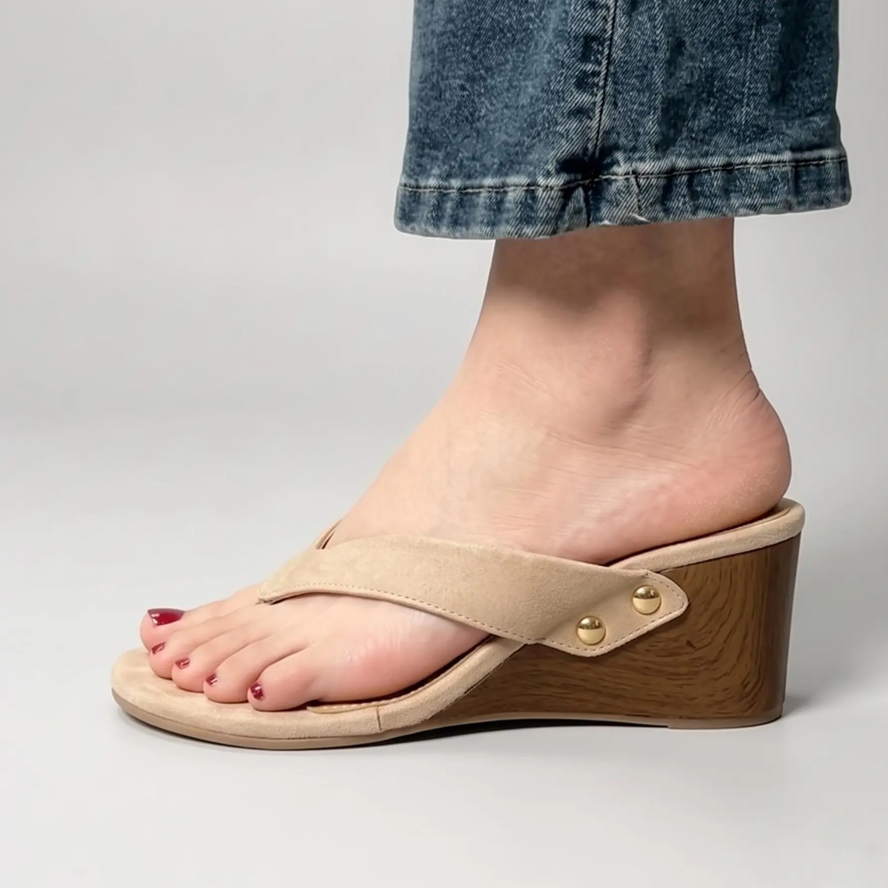 Women's Chic Suede Wedge Heels Studded Nude Thong Platform Shoes Cozy All Day Beach Wear Trending Aesthetics Y2K Inspired Comfortable Heeled Slippers Soft Sole Vacation Essential