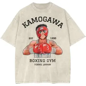 Unisex Hajime no Ippo Oversized Graphic Tee - Heavyweight Cotton Vintage Anime Top, Acid Wash Kamogawa Boxing Gym Tokyo Japan Harajuku Garment, Matching Jeans-Jacket Hem Streetwear Apparel