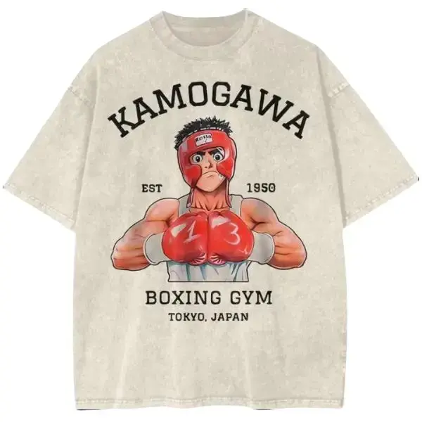 Men's Unisex Hajime no Ippo Casual Oversized Basic Round Neck Shortsleeve Graphic Shirt - Heavyweight Cotton Fabric Vintage Anime Top, Acid Wash Kamogawa Boxing Gym Tokyo Harajuku Garment, Streetwear Apparel with Jeans-Jacket Hem