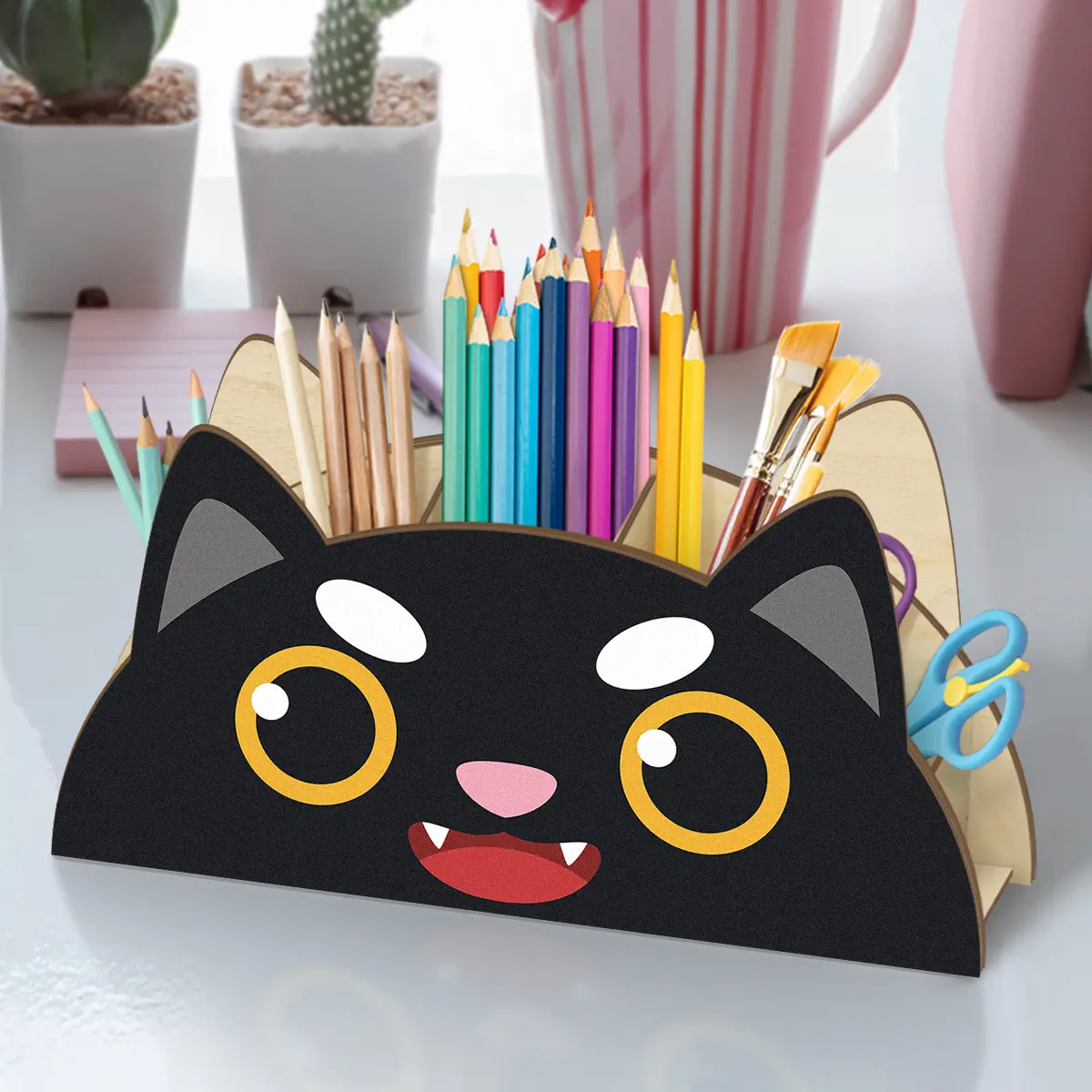 1pc Wooden Black Cat Pen Holder Large Size 11.8x12.7inches Assemble Desk Organizer Perfect Gift for Students, Teachers & Stationery Lovers on Christmas, Thanksgiving