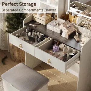 Makeup Vanity Desk with Mirror and Lights, Small Makeup Vanity with Fabric Storage Drawer & Chair & Shelves, White Vanity with Fold-up Panel and Power Outlet for Bedroom LED Lighted Table dresser