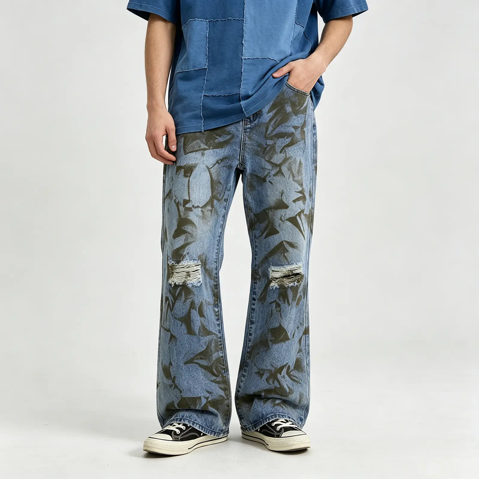Men’s non-stretch flared jeans with marble wash — Y2K wide-leg denim pants with ripped knees, waist 32–36. Streetwear #FlareJeans #Y2KFashion #TikTokMadeMeBuyIt