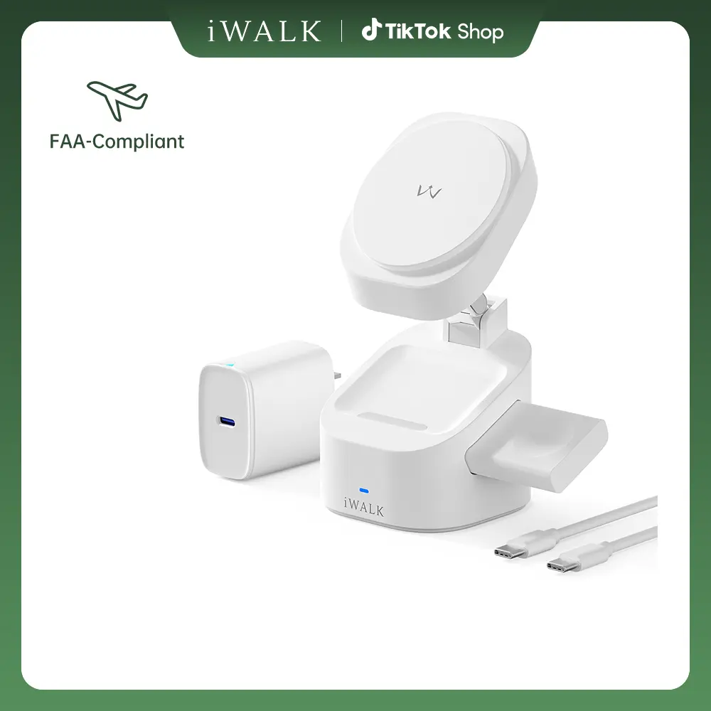 iWALK 3-in-1 Folding Magnetic Wireless Charger Stand - 20W USB-C Adapter, 15W MagSafe-Style, 0-120° Tilt, Compact Lightweight Travel-Ready White, Lightning Connector, for iPhone/Watch, Mobile Type-C Charging Compatible, Smartphone summerwins,summerwins