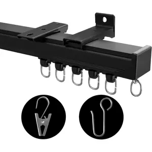 Heavy Duty Ceiling & Wall Mount Sliding Curtain Track Rail Set with Clips & Hooks, Adjustable 6ft-9ft Black Curtain Track for Room Divider Living Room Bedroom Shower Outdoor