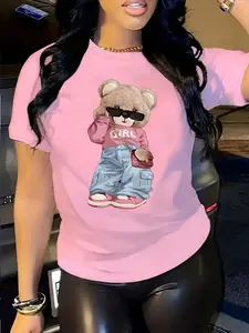 Women's Cartoon Bear Print Round Neck Tee, Fashion Casual Crew Neck T-Shirt for Daily Holiday Vacation Outdoor Wear, Ladies Clothes for All Seasons, Top, Casual Fashionable Top