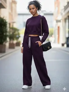 Women's Casual 2 Piece Long Sleeve Sweatsuit Comfortable Stylish for Everyday Wear Polyester Elastane Viscose Material Plain Design