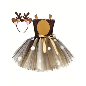 Girls Deer Tutu Dress Brown Tulle Animal Costumes 3-10 Years Kids Animal Theme Birthday Party Dresses Jungle Safari Party Halloween Dress Up Clothes Holiday Gifts
