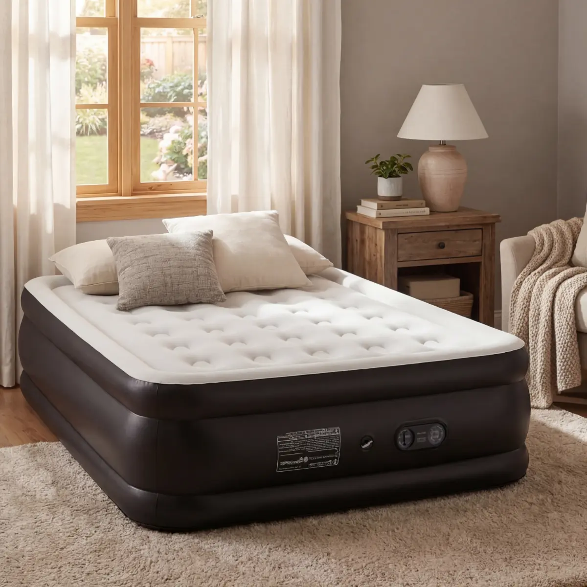 Double Height Inflatable Airbed with Built-in Pump, Queen Size Blow Up Bed for Guests & Couples, Durable Anti-Scratch PVC with Non-Slip Bottom, Fast Inflation, 660 lbs Capacity