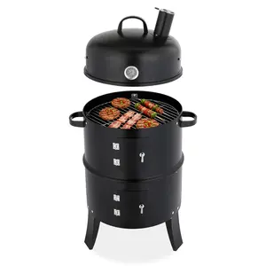 Large Cylindrical Smoker with Chimney Premium Powder Coated Iron Black Outdoor BBQ Grill for Backyard Cooking