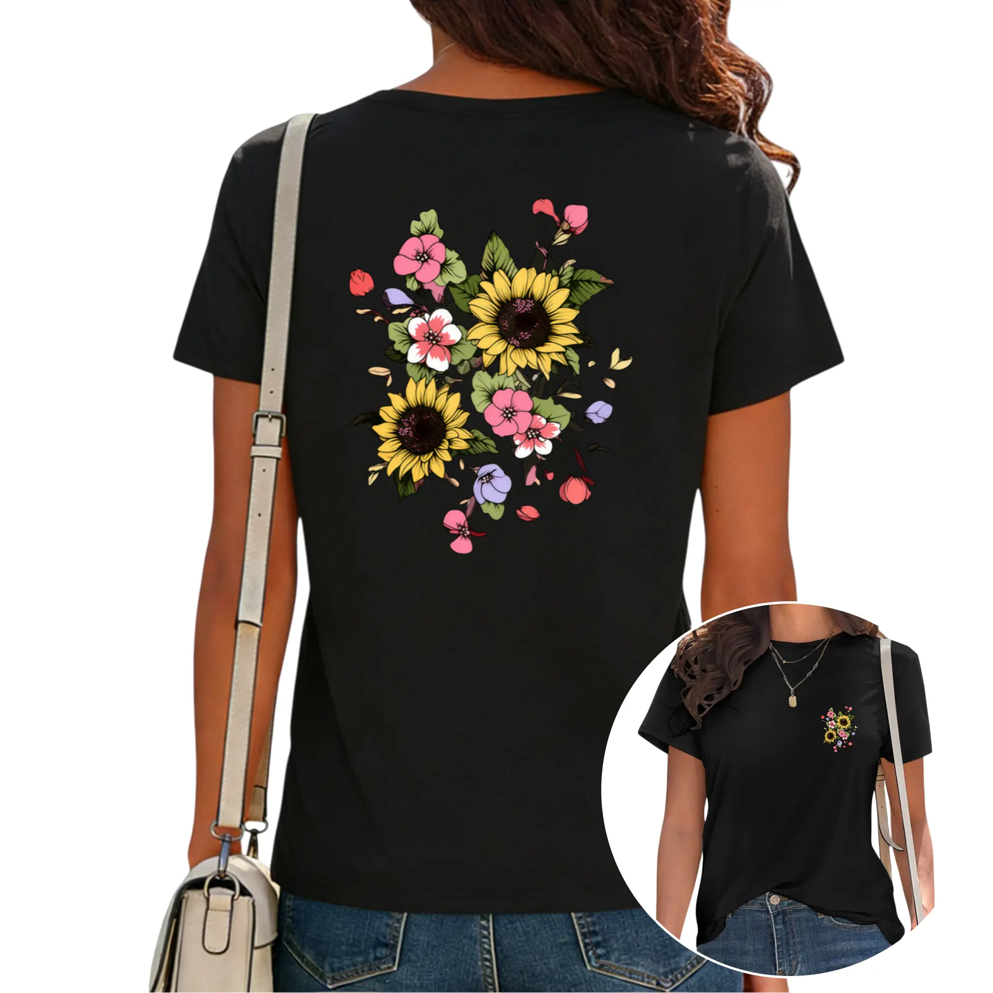 Plus Size - Women'S Oversized 100% Crew Neck T-Shirt, Casual Vintage Style, Colorful Sunflower And Floral Bouquet Print, Daily Wear Spring Autumn, Summer Exclusive