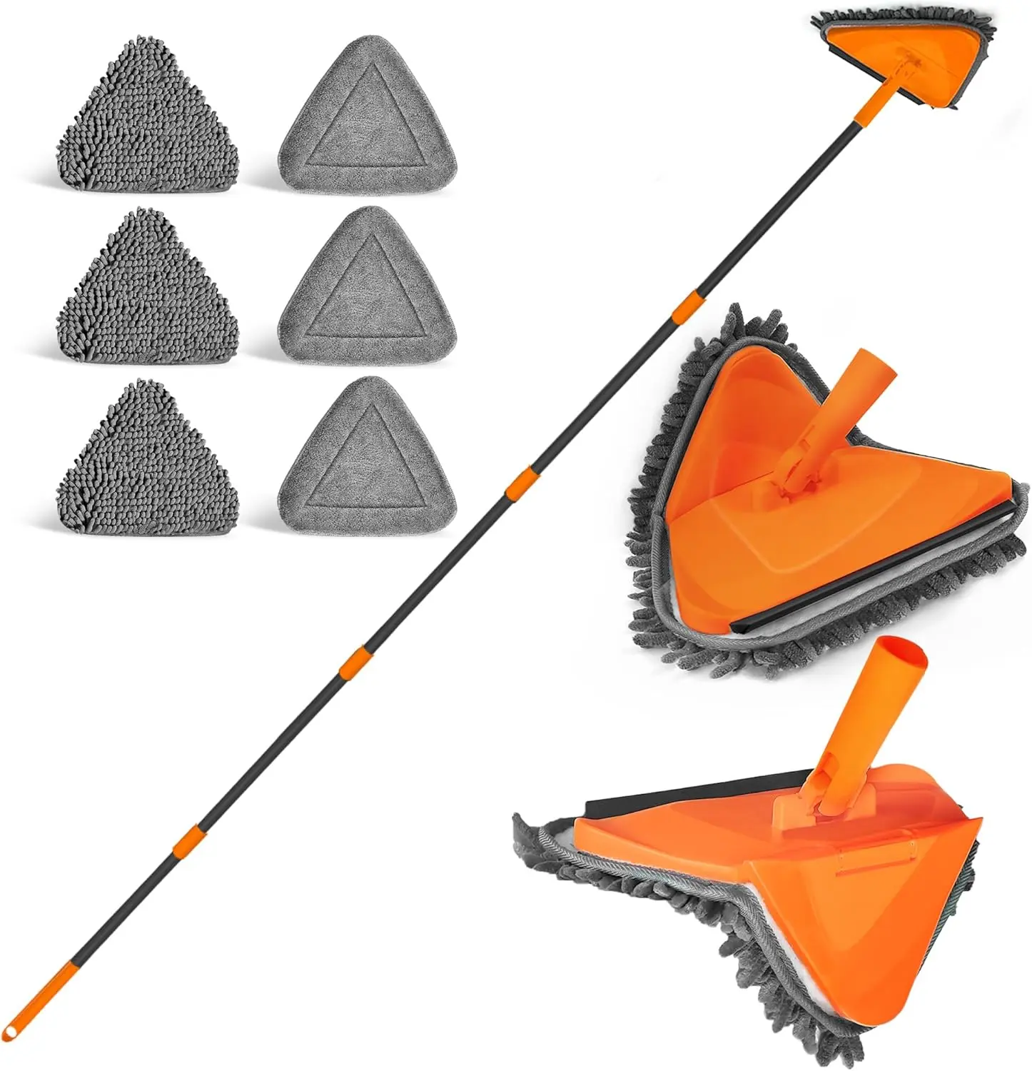 Wall Mop with Long Handle 80 inches, Upgraded 180 Collapsible Baseboard Cleaner Tool with , Ceiling Duster with 3 Microfiber and 3 Chenille Pads for Cleaning Window, Cabinet (Orange)