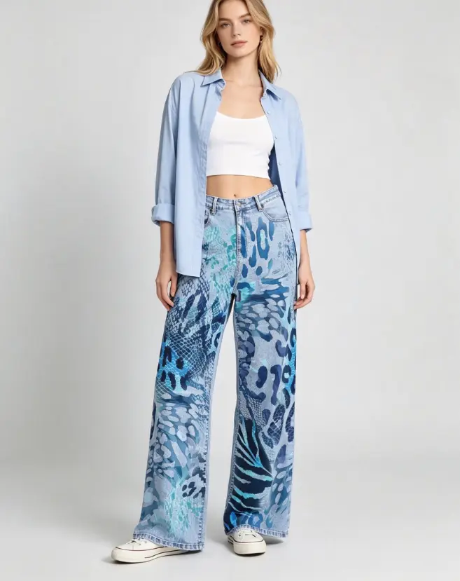 Blue Leopard Snake Skin Tropical All Over Print Wide Leg Jeans, DGT Direct To Garment Print, Unisex Y2K Beach Denim