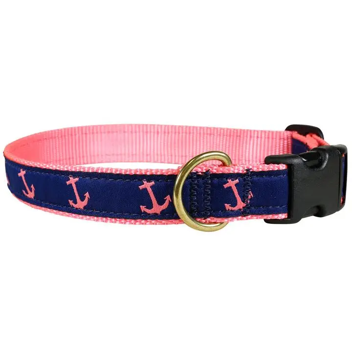 1” Ribbon Dog Collar – Anchor,  Pink on Navy Blue