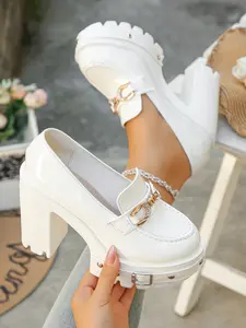Women's Minimalist Patent Loafers, Platform Block Heel with Metal Buckle, Lug Sole Shoes for Office, Daily Wear, Commute, Versatile Height-Boosting Footwear