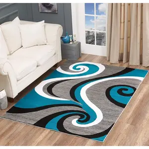 Modern Abstract Swirl Wave Geometric Flannel Area Rug - Teal Grey Black White Contemporary Print Soft Mat for Living Room, Non-Slip Minimalist Home Decor#AbstractSwirlRug #GeometricContemporaryMat #MinimalistHomeDecor #TealGreyCarpet #NonSlipFlannelRug