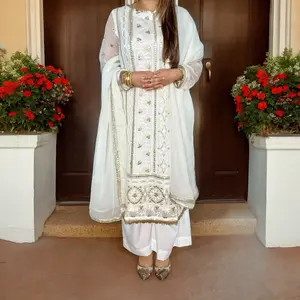 White & Gold Pakistani Dress with Shirt, Palazzo Pant, and Dupatta - Chiffon, Floral Embroidery, Lace, Mirror-look work, and Fancy Tassels, Perfect for Eid, Parties, and Weddings Traditional Womenswear Elegant