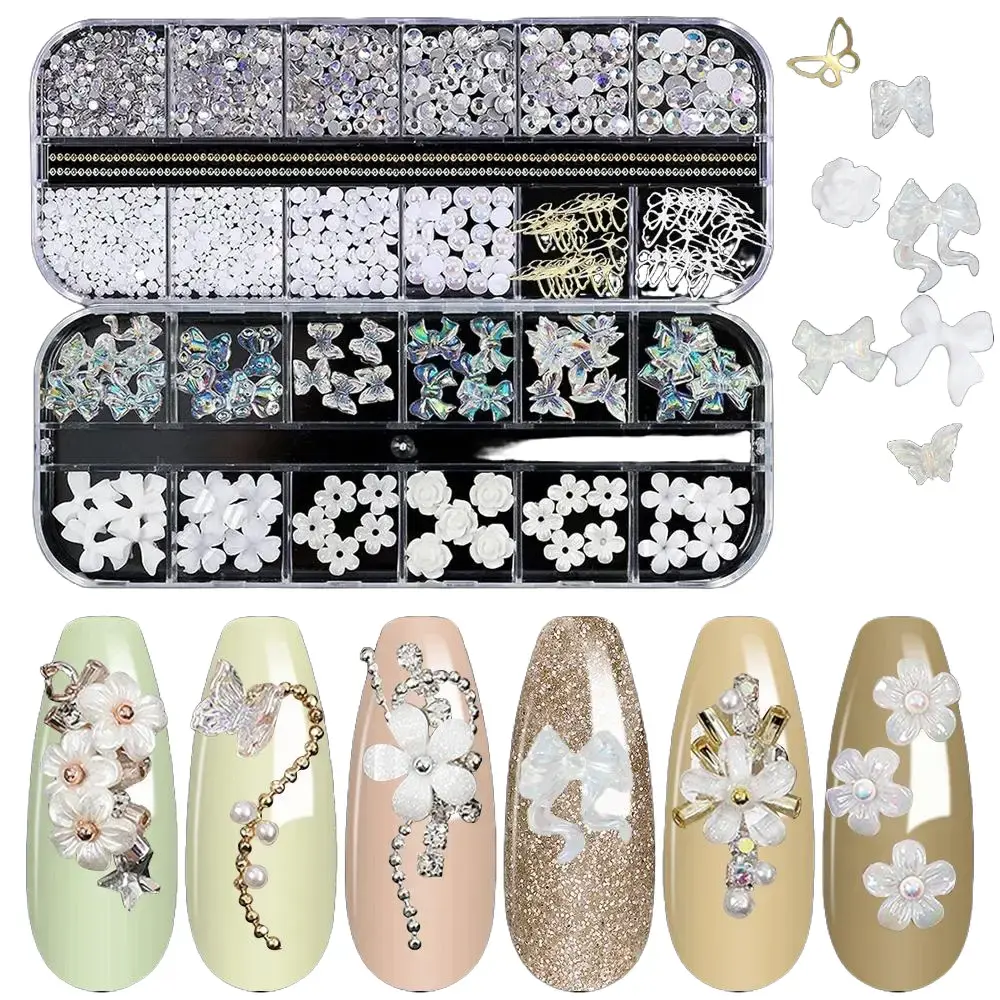 2Pcs/Set Glue-On 3D Acrylic Butterfly Nail Charms - AB Crystal Rhinestones, Multi-Shape Pearls, Gold Metal Art Decals, Sparkly DIY Jewelry Craft Accessories, Festive Christmas Party Gift for Friends, 2-Box Home & Party Supplies, Glue On Nail, Two Piece Se