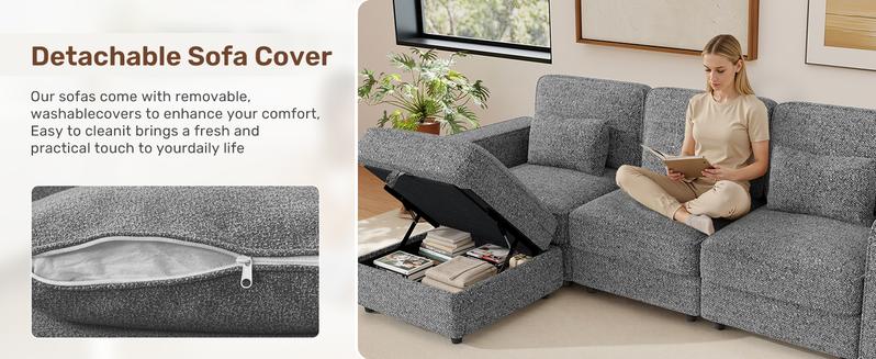 102" Convertible Sectional L-Shaped Sofa Couch with Storable Ottoman,Deep Seat Sofas for Living Room,Bedroom Apartment,with USB Type-C Ports and Pillow (Chenille,Beige)