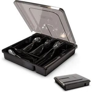 Silverware Organizer with Lid for Drawer, Plastic Utensil Holder for Countertop, Flatware Organizer Cutlery Tray with Cover 5 Compartments (Black)