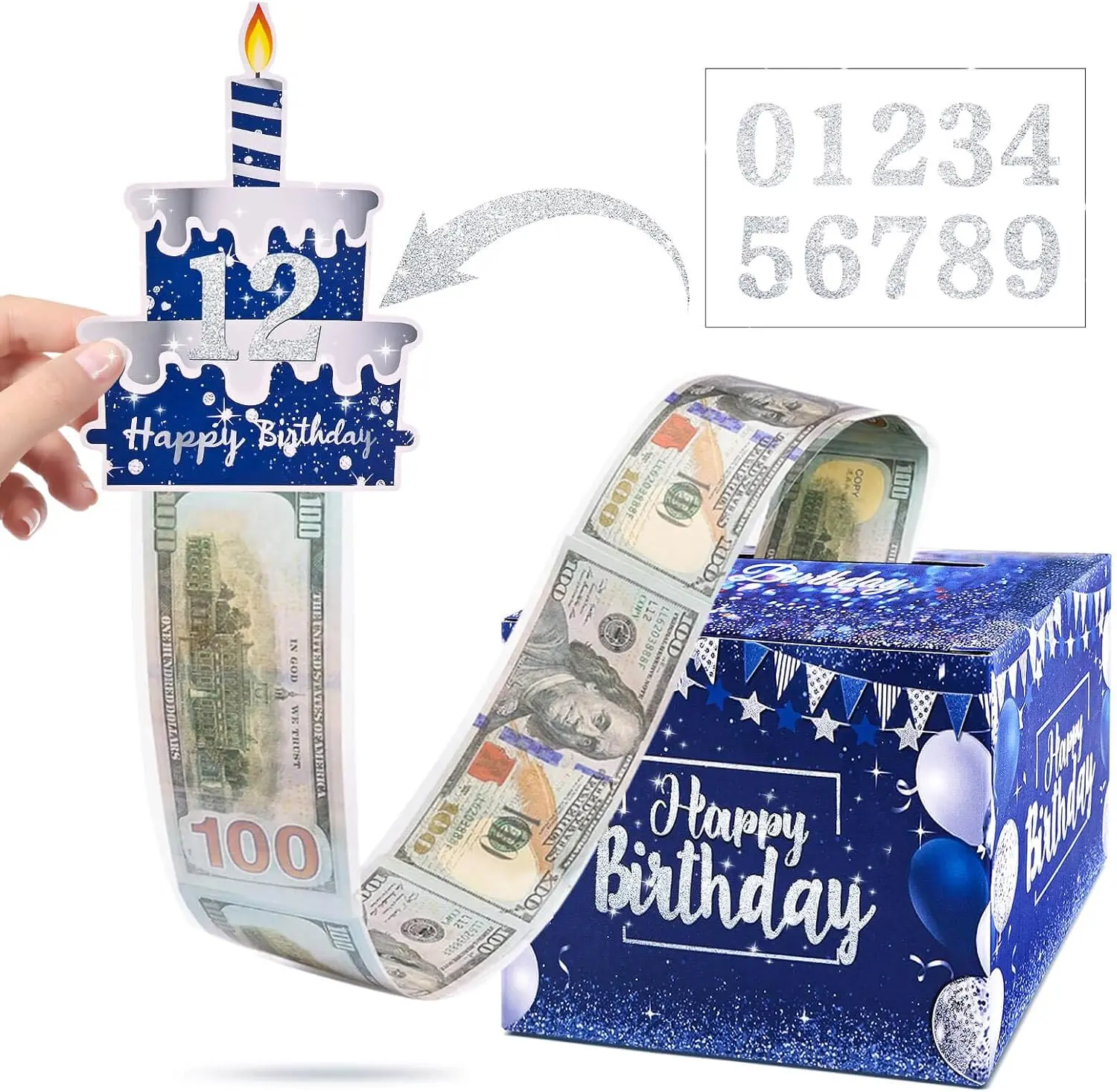 [New Deal] 100Pcs Blue Birthday Cash Gift Boxes, with DIY Self-Adhesive Stickers, Surprise Gifts for All Ages