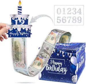 [New Deal] 100Pcs Birthday Money Pull Box for Cash Gift with DIY Self-Adhesive Stickers for Any Age, Happy Birthday Money Box Blue