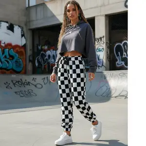 Women's Plus Size Black and White Checkered Jogger Pants - Trendy Casual Wear for Effortless Style, Perfect for Vacation Outfits, Comfortable Elastic Waist Lounge Pants with Pockets, Fashionable Streetwear for Daily Activities and Relaxation