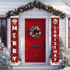 Christmas Porch Decorations Christmas Banner Red Buffalo Check Plaid Christmas Hanging Front Door Signs Outdoor Indoor Snowman Santa Wall Decor Xmas Party Decoration 12" X 72" GROPKNIO