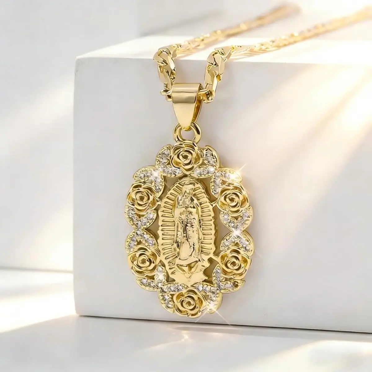Mother of God Pendant Necklace, Unique Square Zircon Flower Fichario Necklace, Men's and Women's Religious Faith Necklace